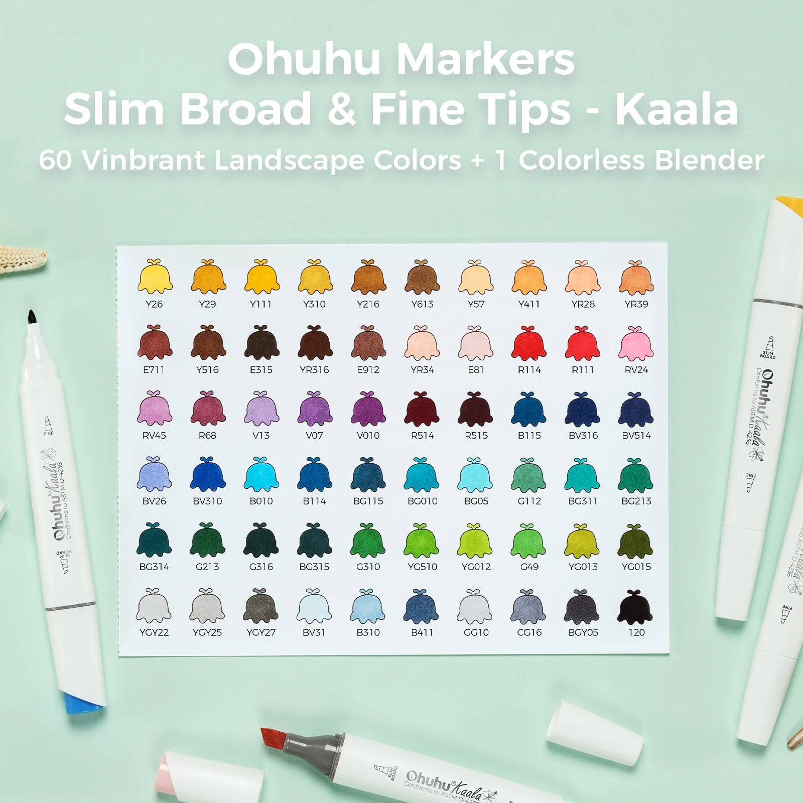 Ohuhu Markers Slim Broad & Fine Tips color chart on a light green background with markers displayed.
