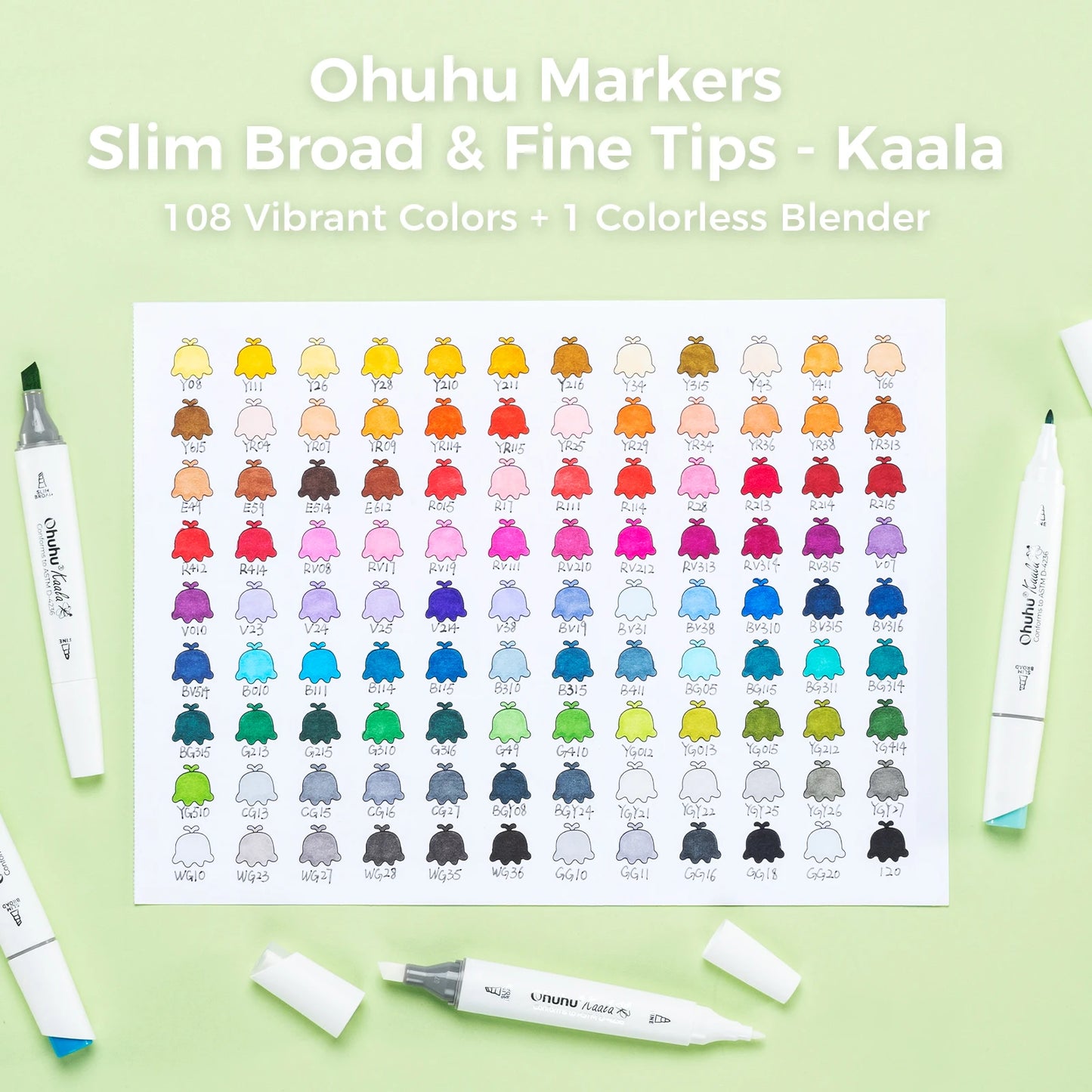 Ohuhu Markers Slim Broad & Fine Tips color chart with markers on a light green background