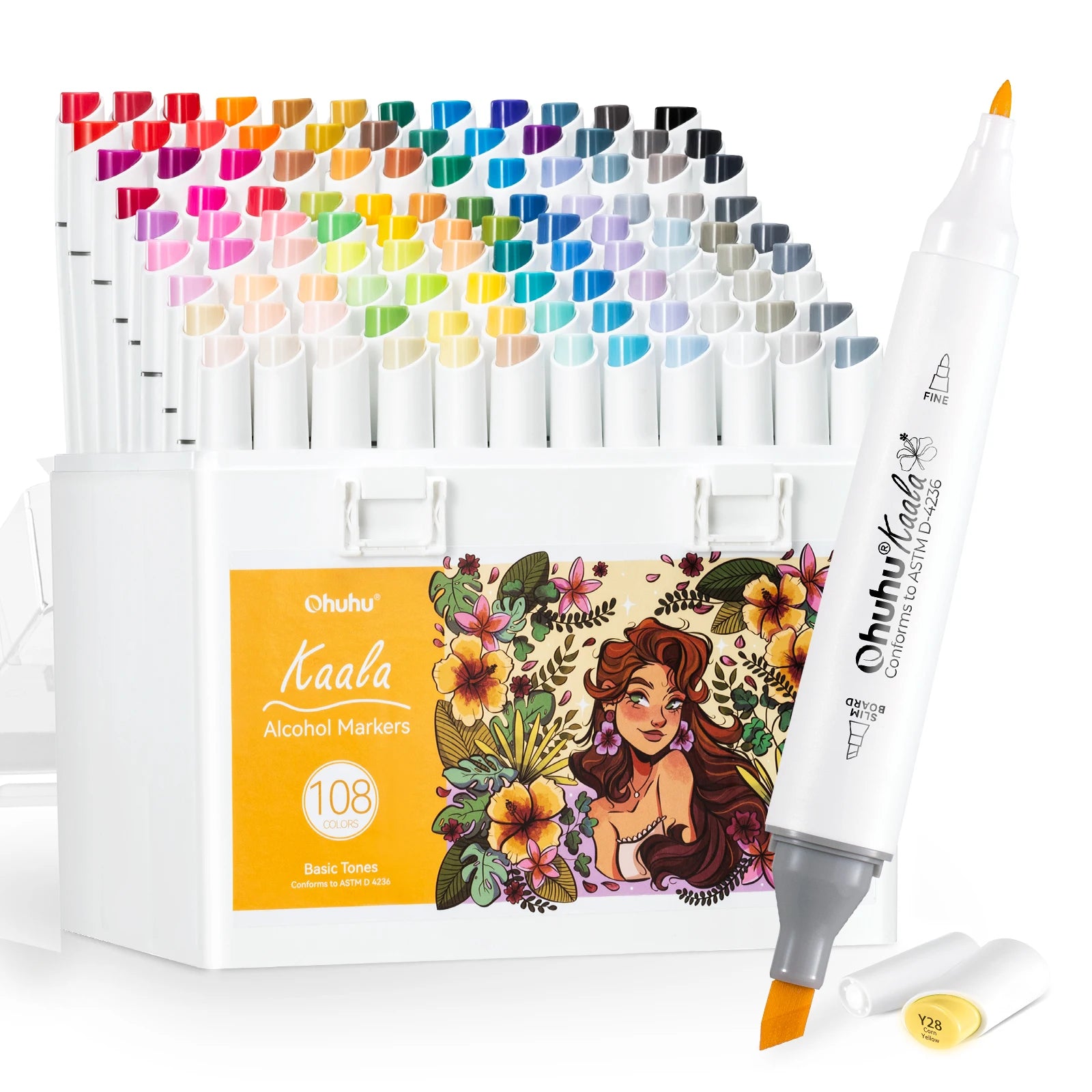 Set of colorful markers with a packaging box featuring a woman with long hair and floral designs.