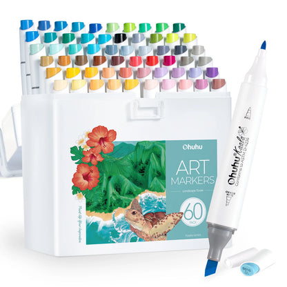 Set of Chuhu art markers with a box featuring a turtle and floral design on a white background.