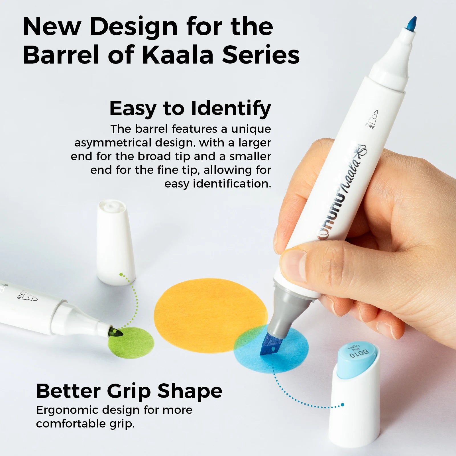 Pen with text about new design features for the Barrel of Kaala Series