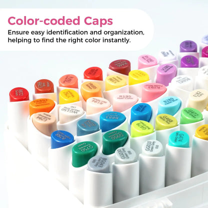 Color-coded markers with visible caps in a white holder.