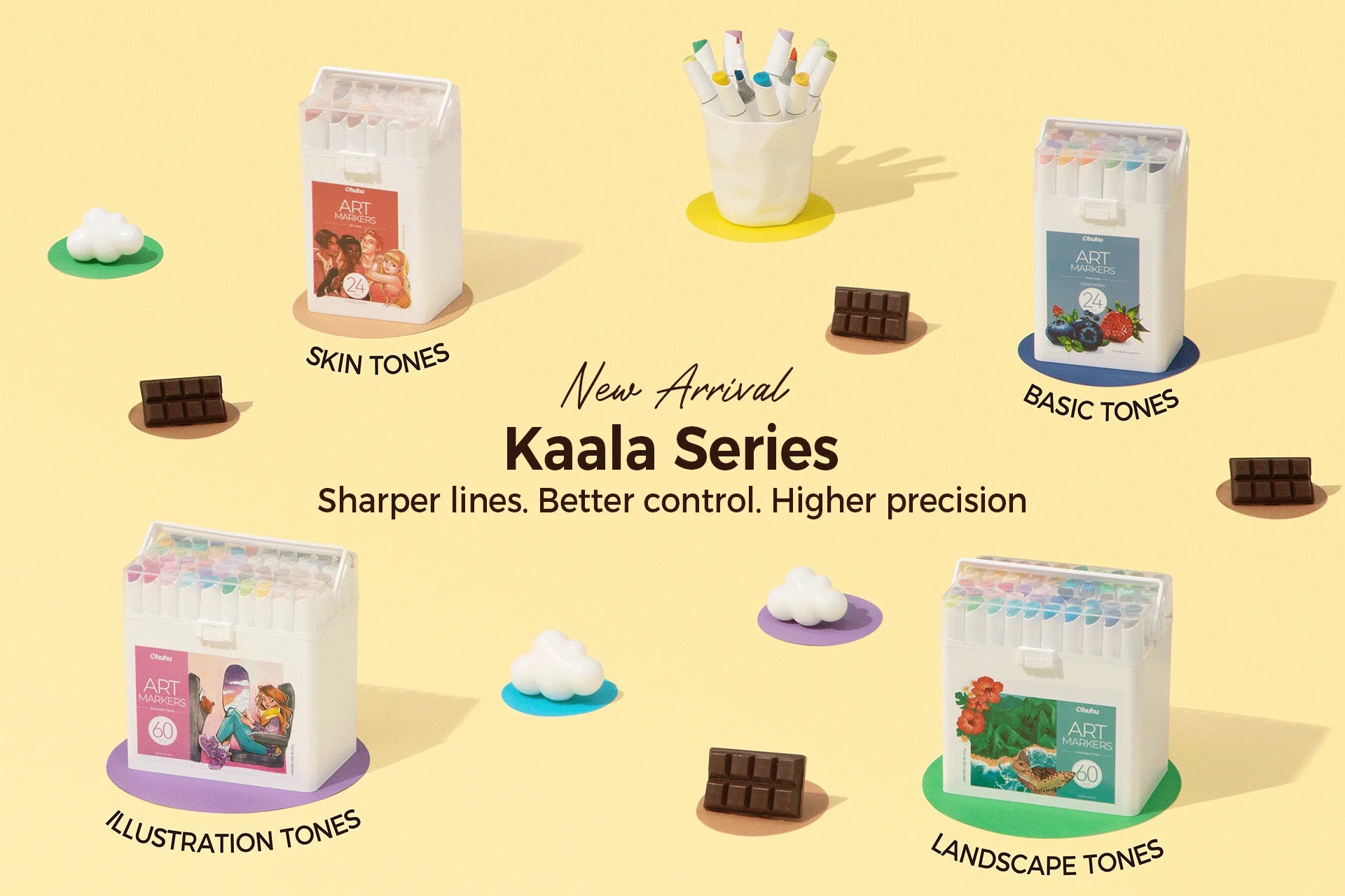 Promotional image of Kaala Series art supplies with different color tones on a yellow background.