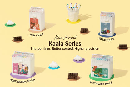 Promotional image of Kaala Series art supplies with different color tones on a yellow background.