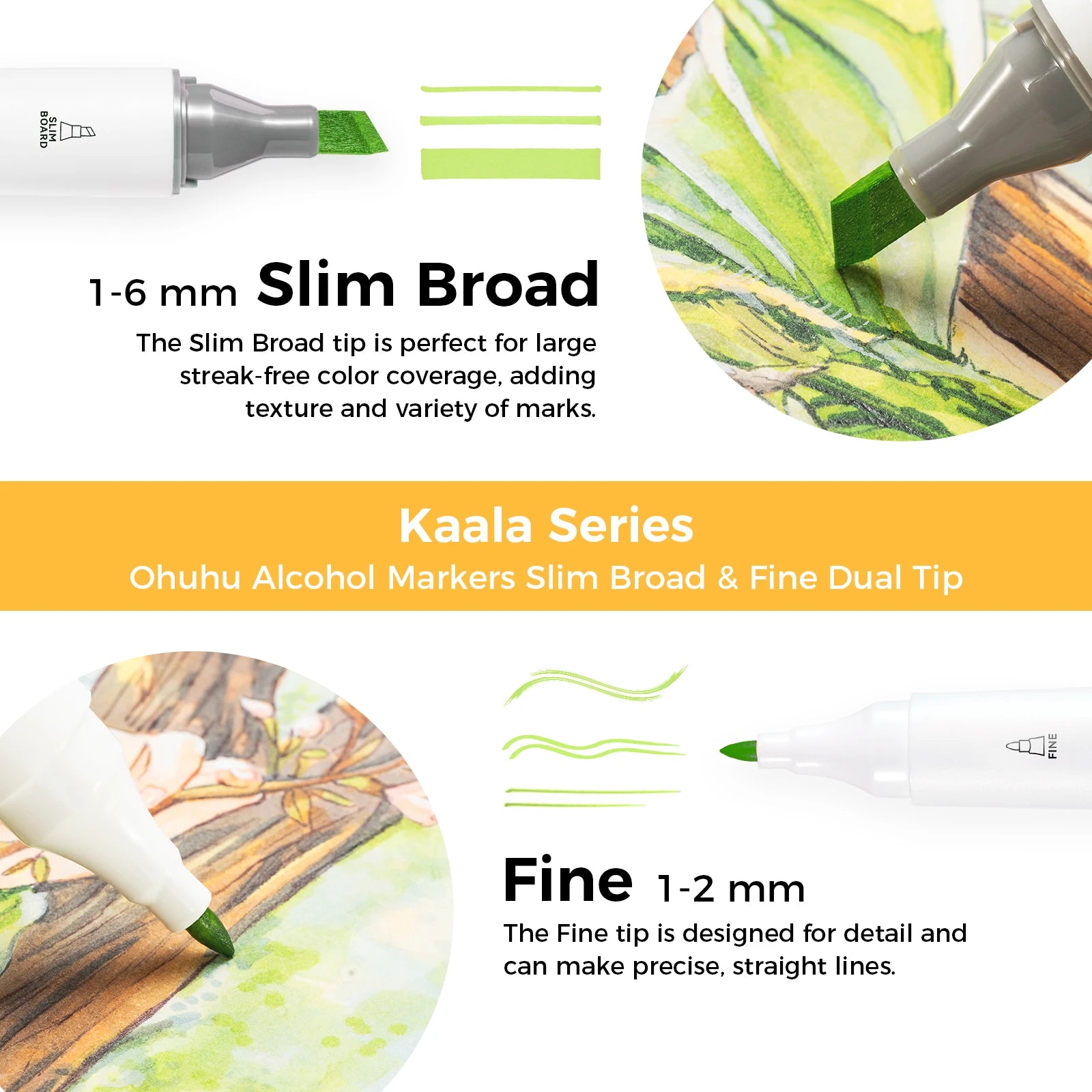 Advertisement for Ohuhu Alcohol Markers with Slim Broad and Fine Dual Tip, featuring text and images of markers in action.