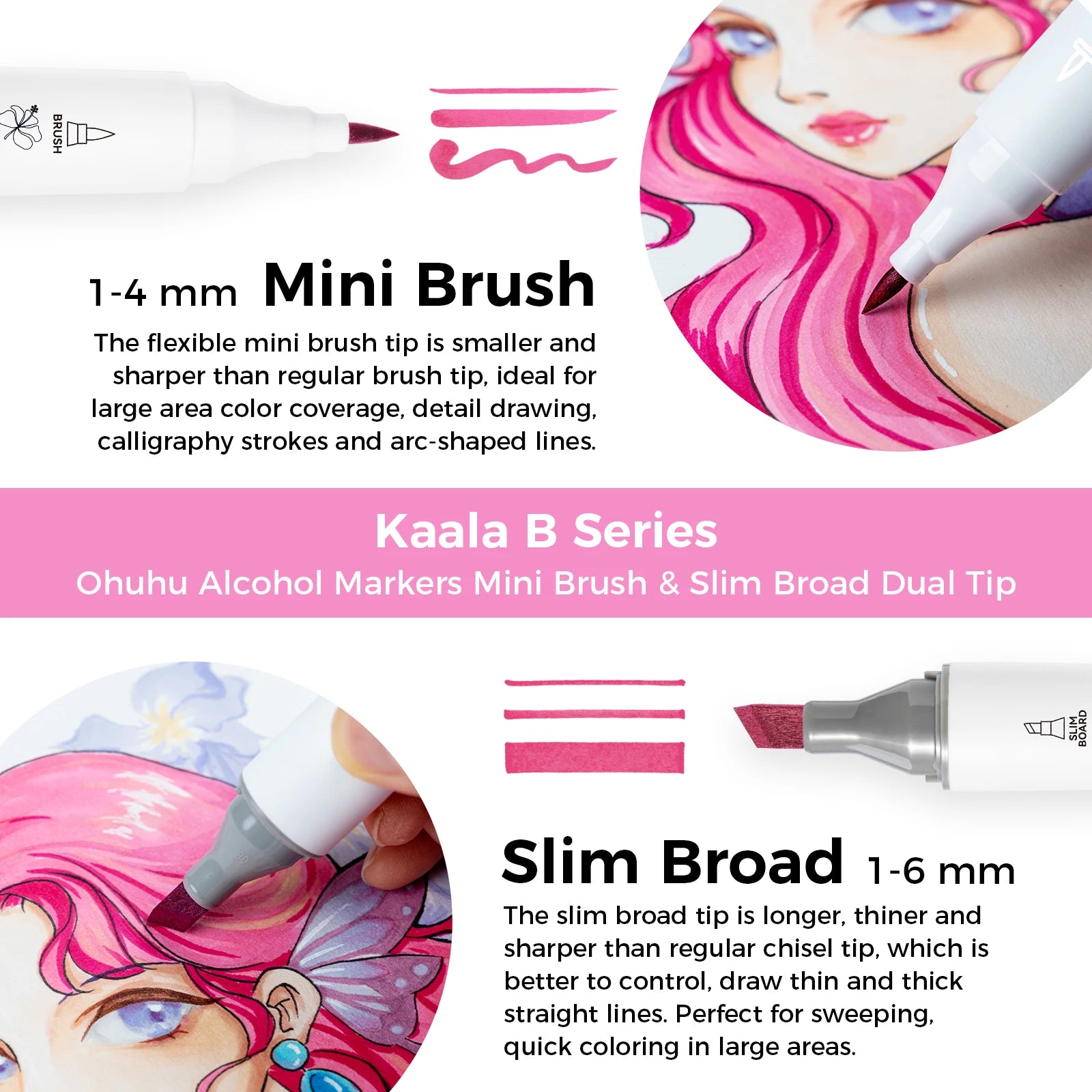 Kaala B Series alcohol markers with mini brush and slim broad tips on a pink background