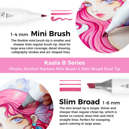 Kaala B Series alcohol markers with mini brush and slim broad tips on a pink background