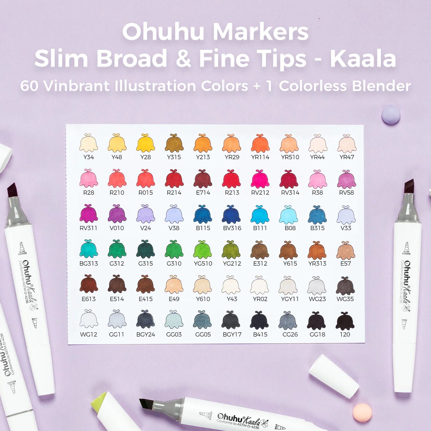Ohuhu Markers Slim Broad & Fine Tips color chart on a purple background