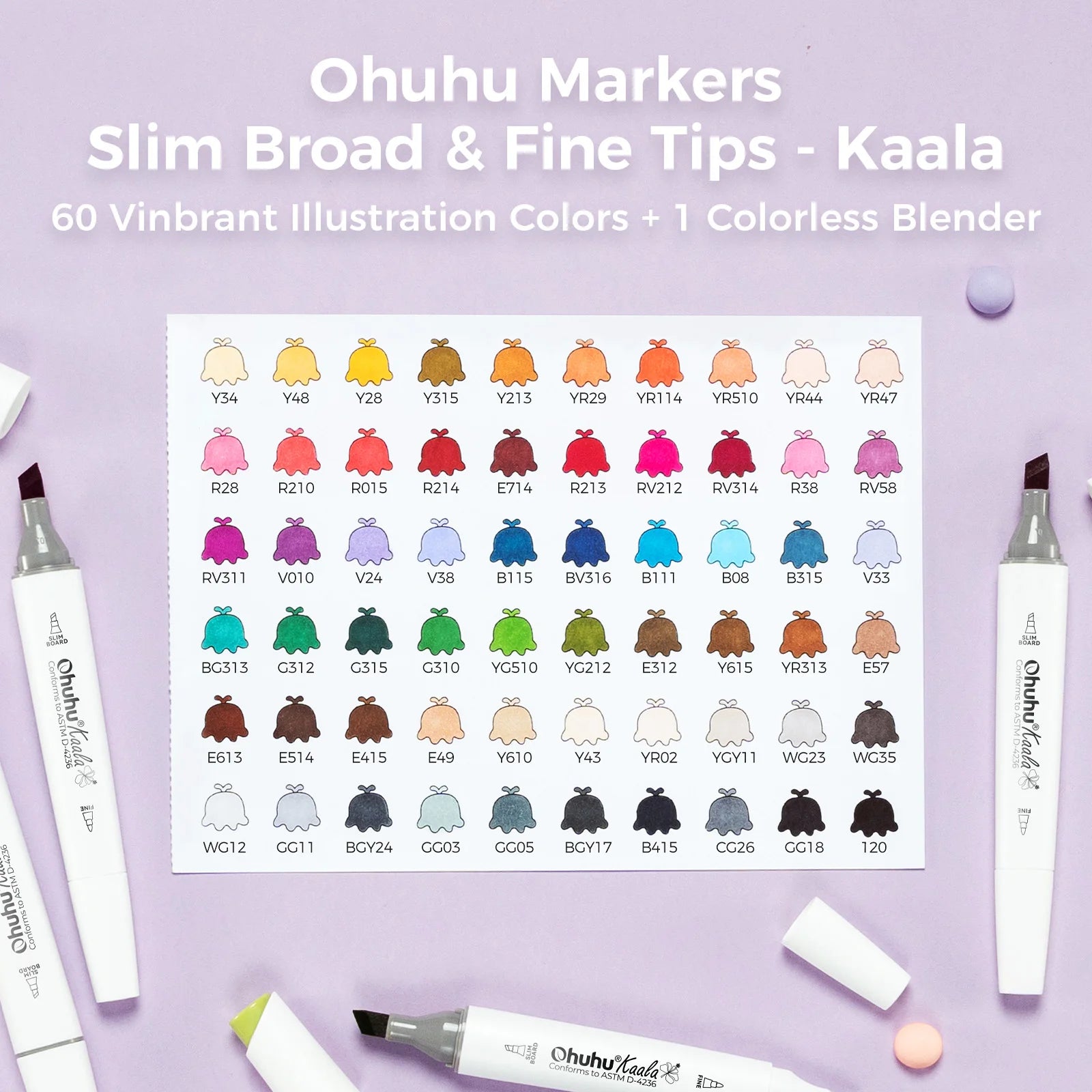 Ohuhu Markers Slim Broad & Fine Tips color chart on a purple background