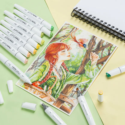 Artistic illustration of a girl with red hair and green dress, surrounded by nature elements, on a yellow background with markers.