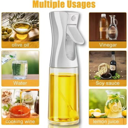 Spray bottle with oil being sprayed, surrounded by images of olive oil, vinegar, water, soy sauce, cooking wine, and lemon juice.