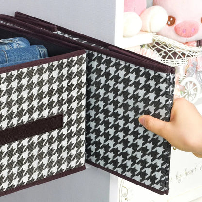 Foldable storage bag with houndstooth pattern held by a hand, with text about convenient storage.