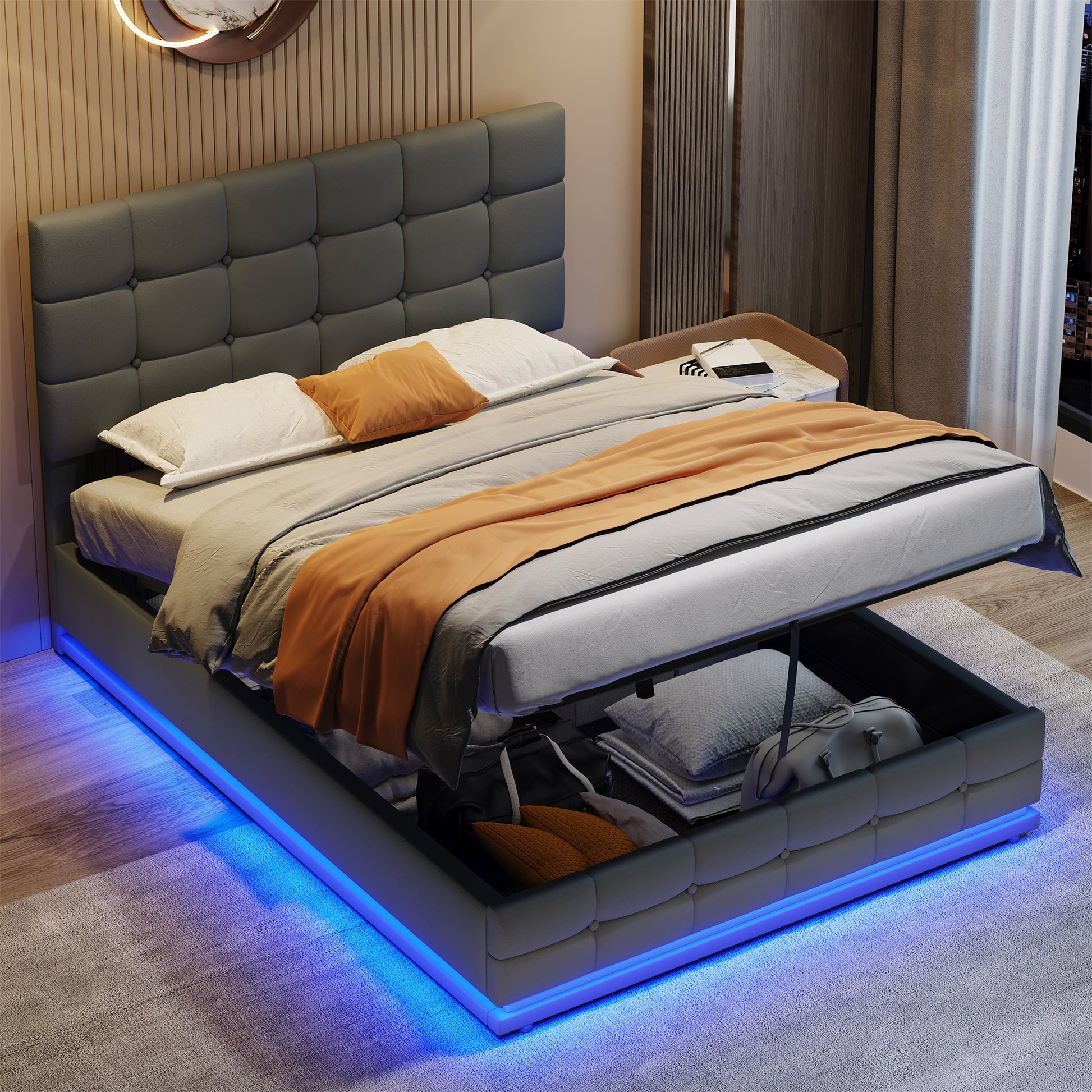 Modern bed with storage drawers and LED lighting in a bedroom setting