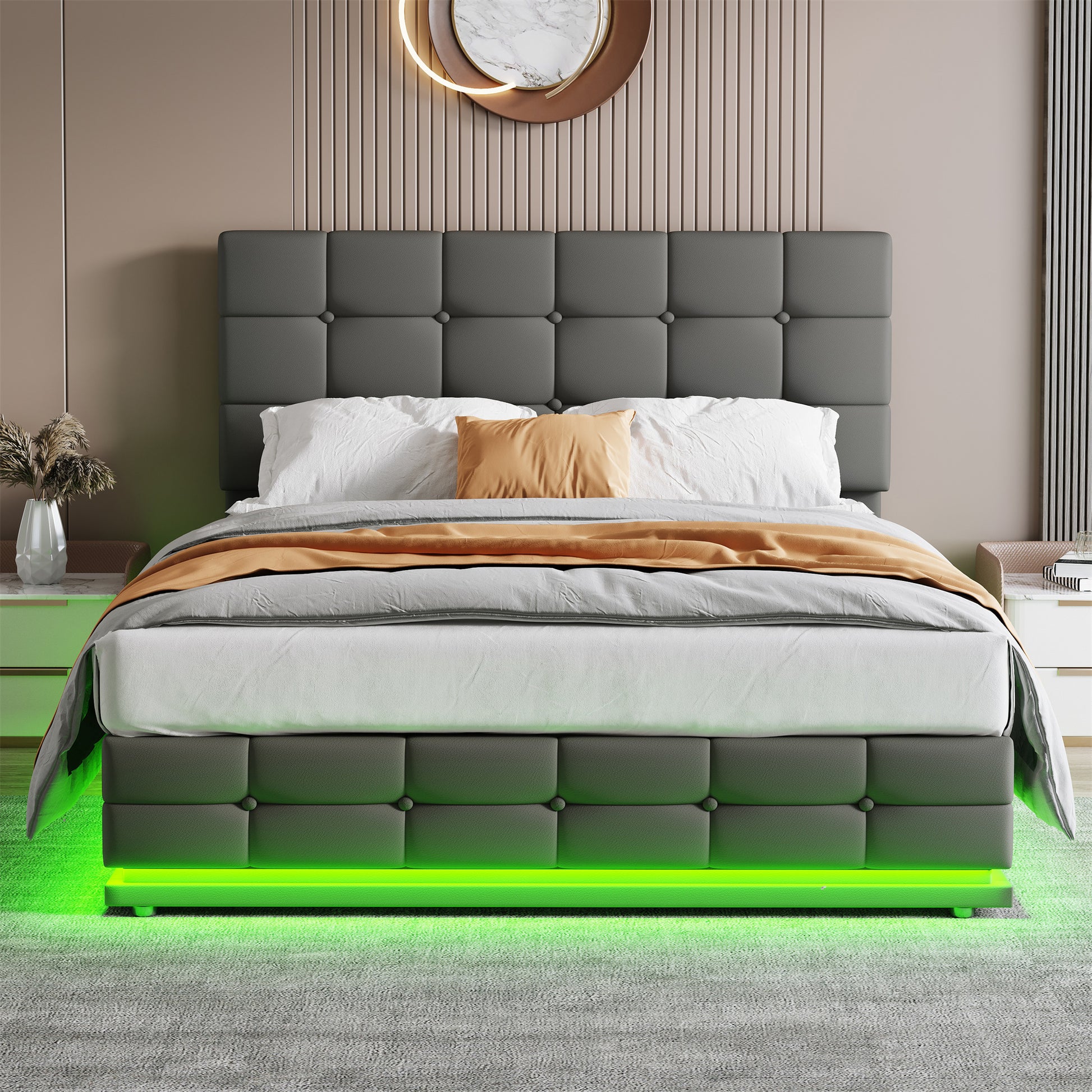 Gray upholstered bed with LED lighting in a bedroom setting