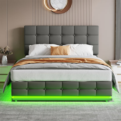 Gray upholstered bed with LED lighting in a bedroom setting
