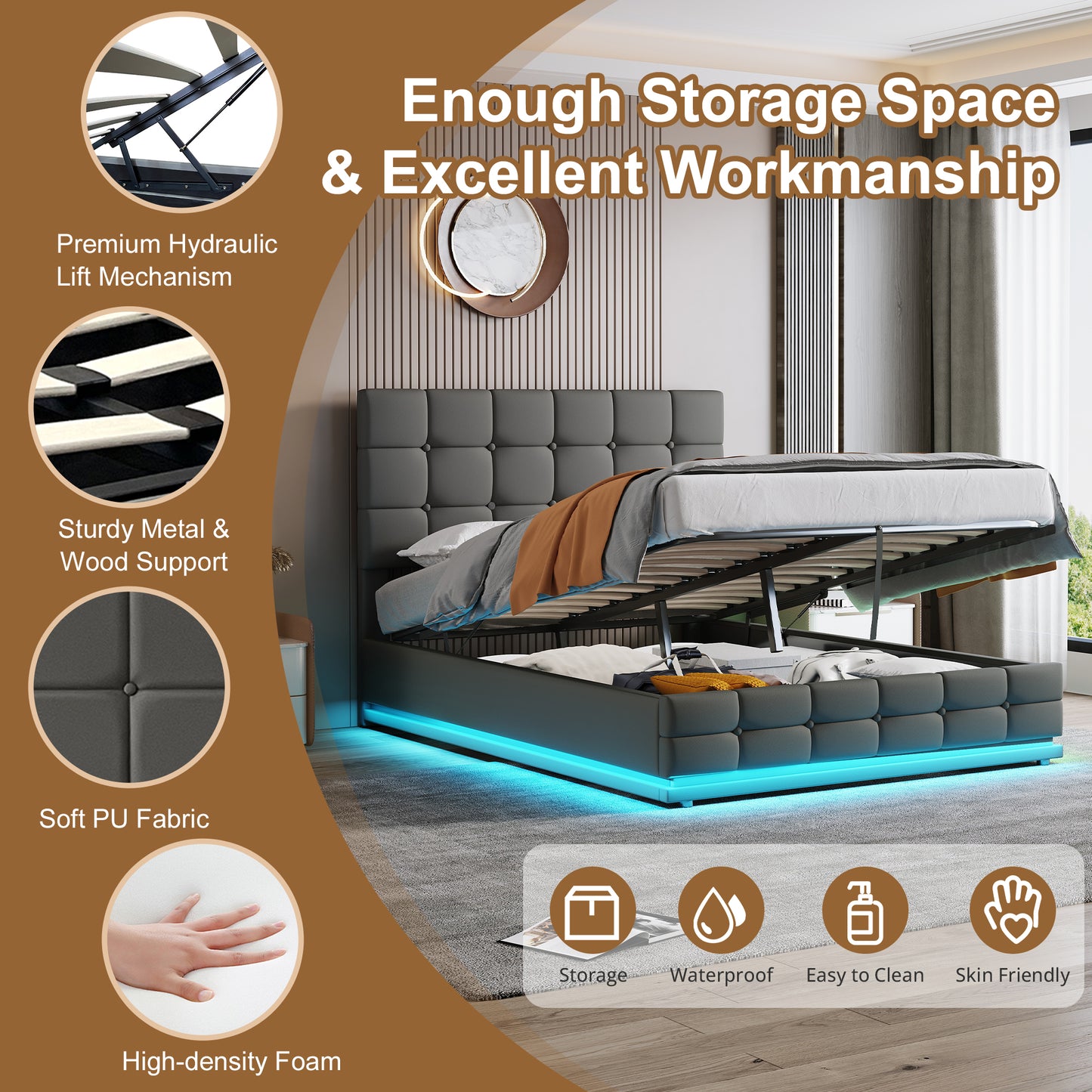Modern bed with storage compartments in a bedroom setting, featuring text on storage space and workmanship.