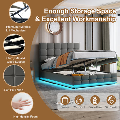 Modern bed with storage compartments in a bedroom setting, featuring text on storage space and workmanship.
