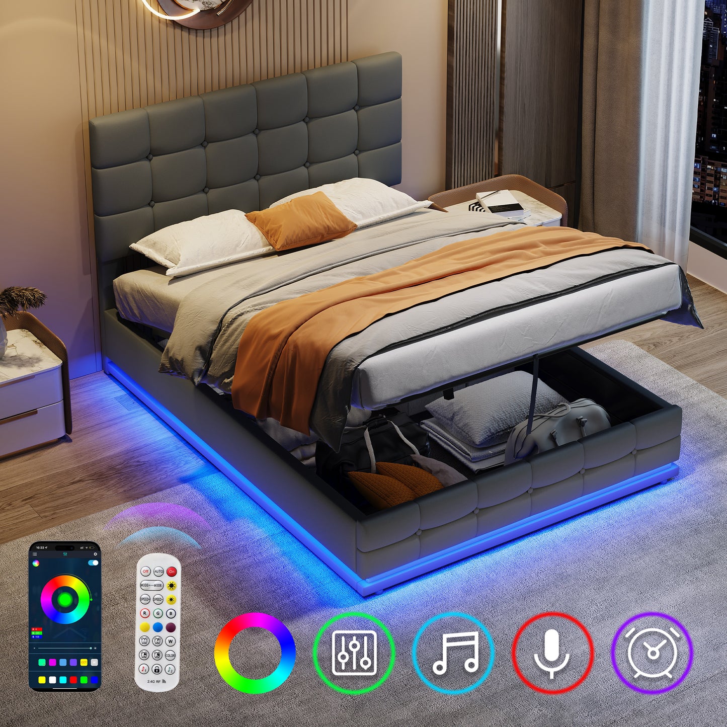 Modern bed with storage compartment and LED lighting in a bedroom setting.