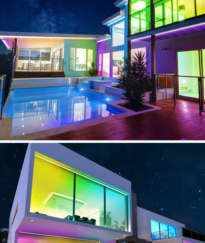 Modern house exterior with colorful LED lighting at night, featuring a pool.
