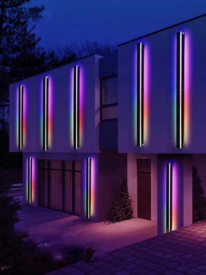 Modern building with colorful neon lights at night