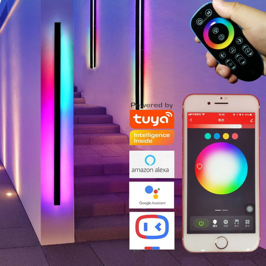 Smart light strip with remote control and smartphone app on a staircase background, featuring Tuya logo.
