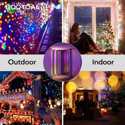 Collage of outdoor and indoor lighting scenes with colorful lights and people enjoying the ambiance.