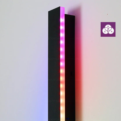 Black rectangular light fixture with RGB LED strip on a white background