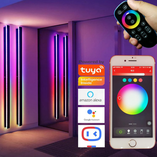 Smart lighting system with remote control and smartphone app, powered by Tuya.