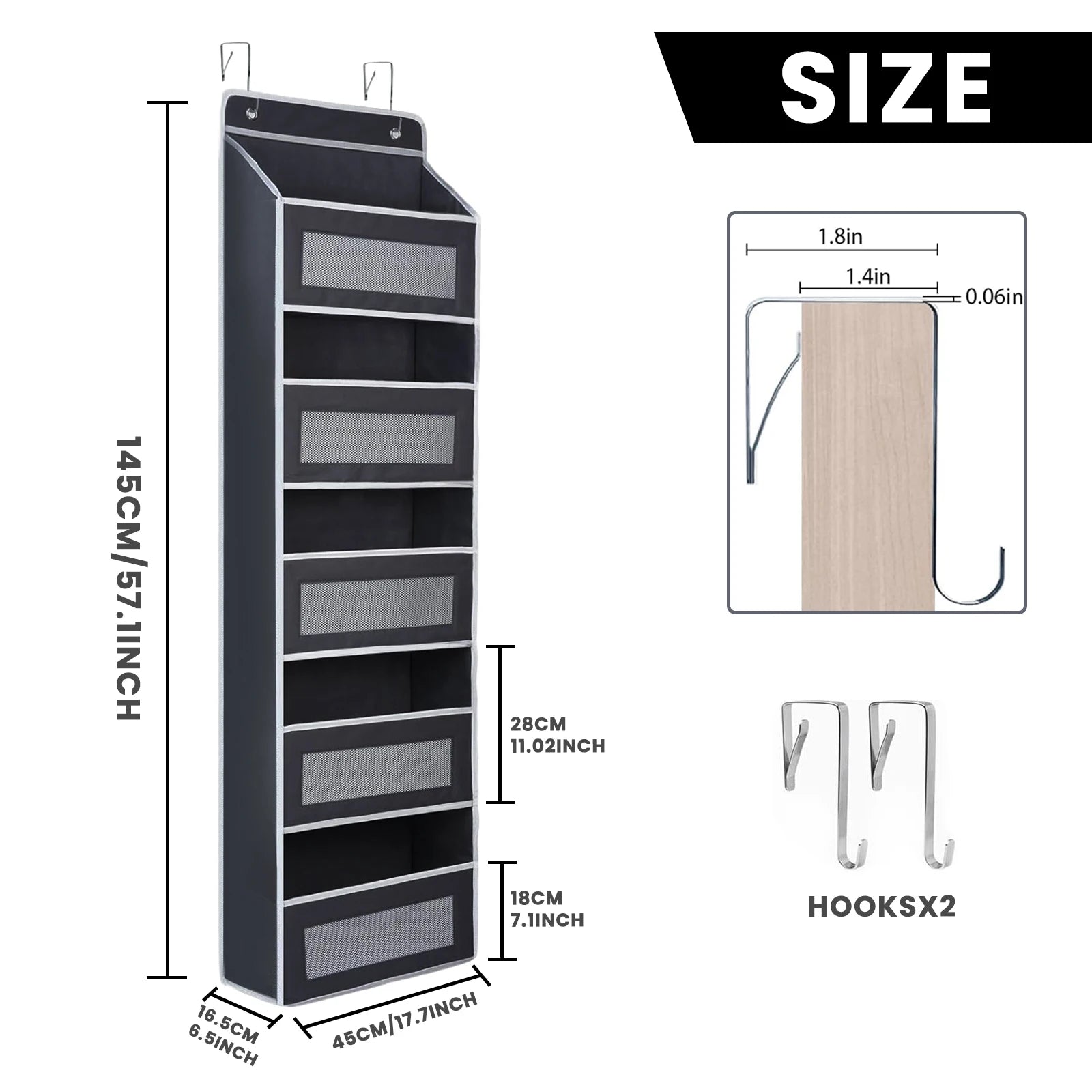 Black vertical shoe rack with dimensions and hook details on a white background
