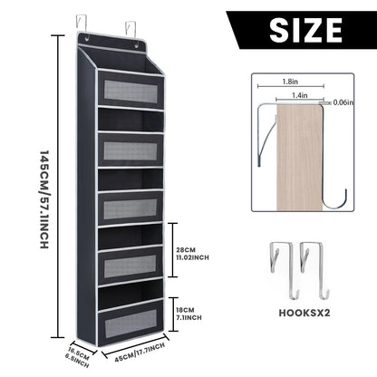 Black vertical shoe rack with dimensions and hook details on a white background