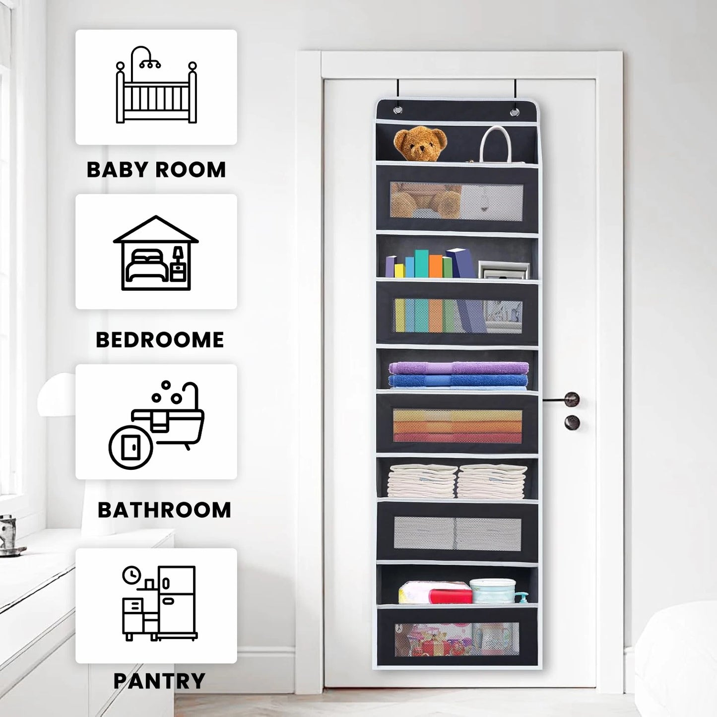 Over-the-door organizer with various items in a bedroom setting, featuring icons and labels for different rooms.