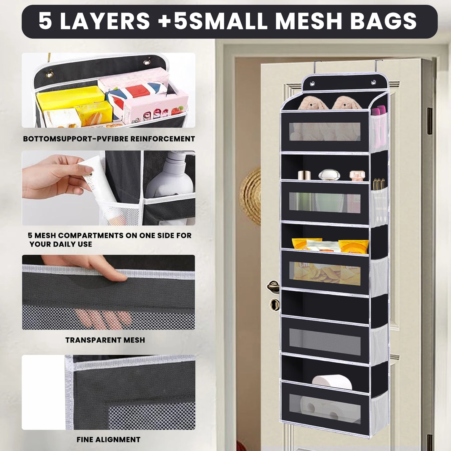 Over-the-door organizer with 5 layers and 5 small mesh bags, showing its compartments and features.