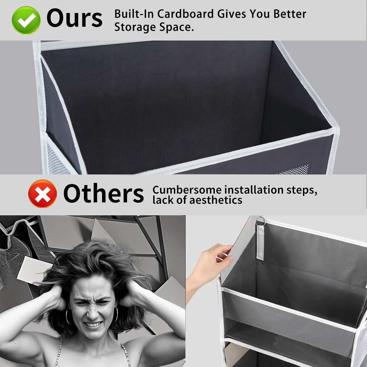 Comparison of a storage bin with built-in cardboard and a woman experiencing stress, highlighting the benefits of the product.