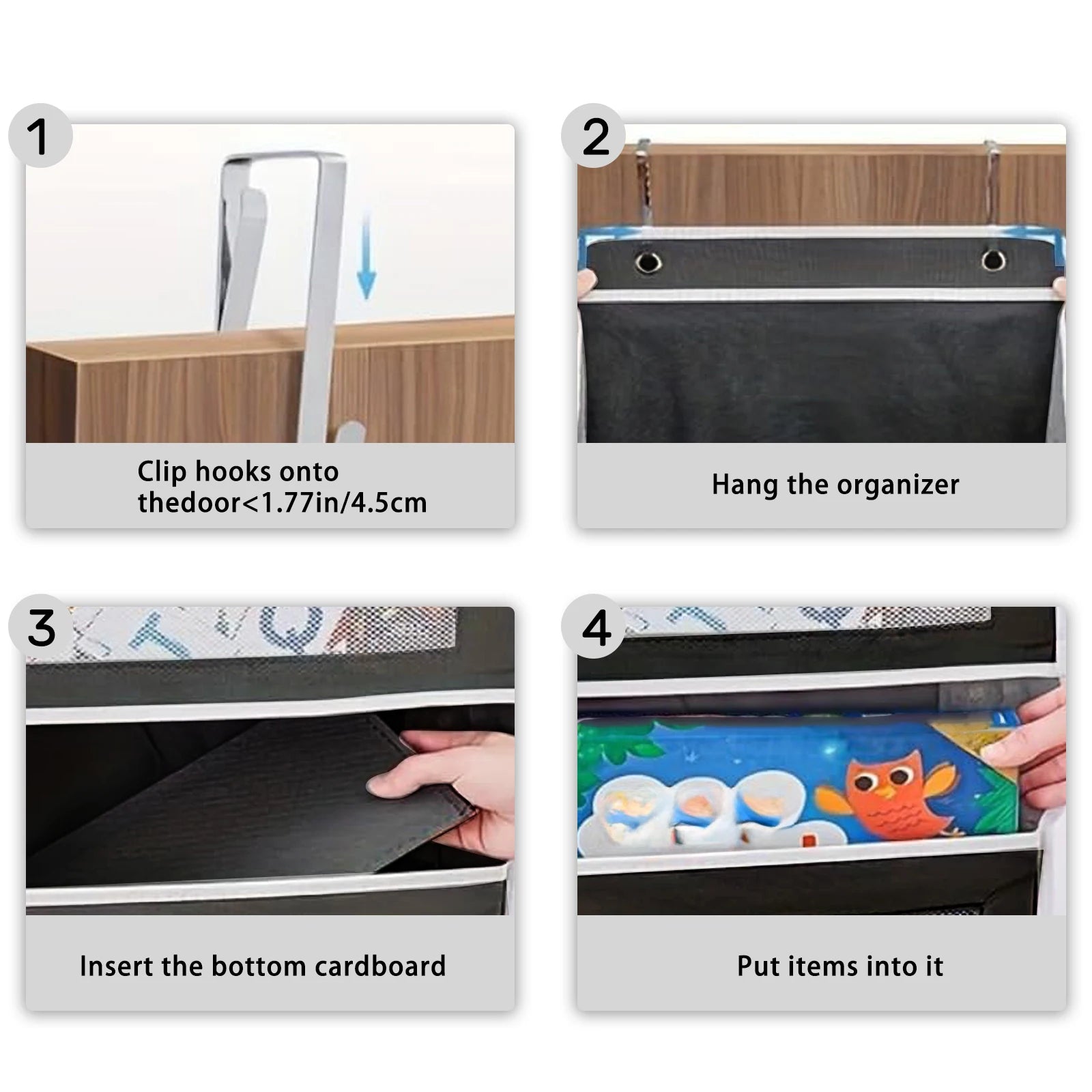 Step-by-step guide on how to use a hanging organizer with clip hooks, insertion of bottom cardboard, and putting items into it.