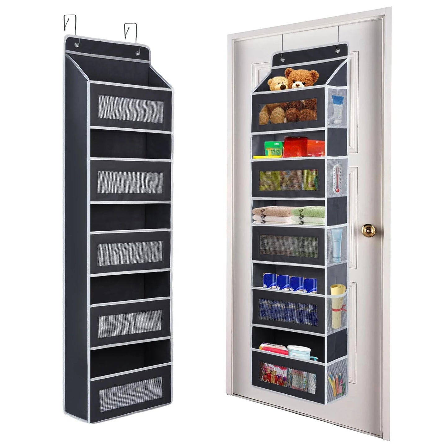 Over-the-door storage organizer with shelves filled with various items on a white background