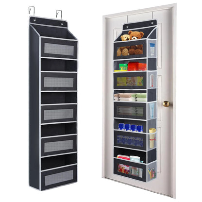 Over-the-door storage organizer with shelves filled with various items on a white background