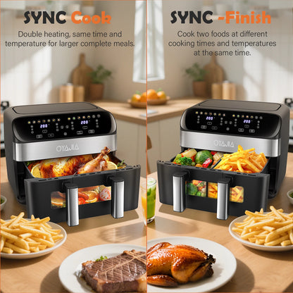 Oyama air fryer with food on a wooden table, featuring 'SYNC Cook' and 'SYNC Finish' text.