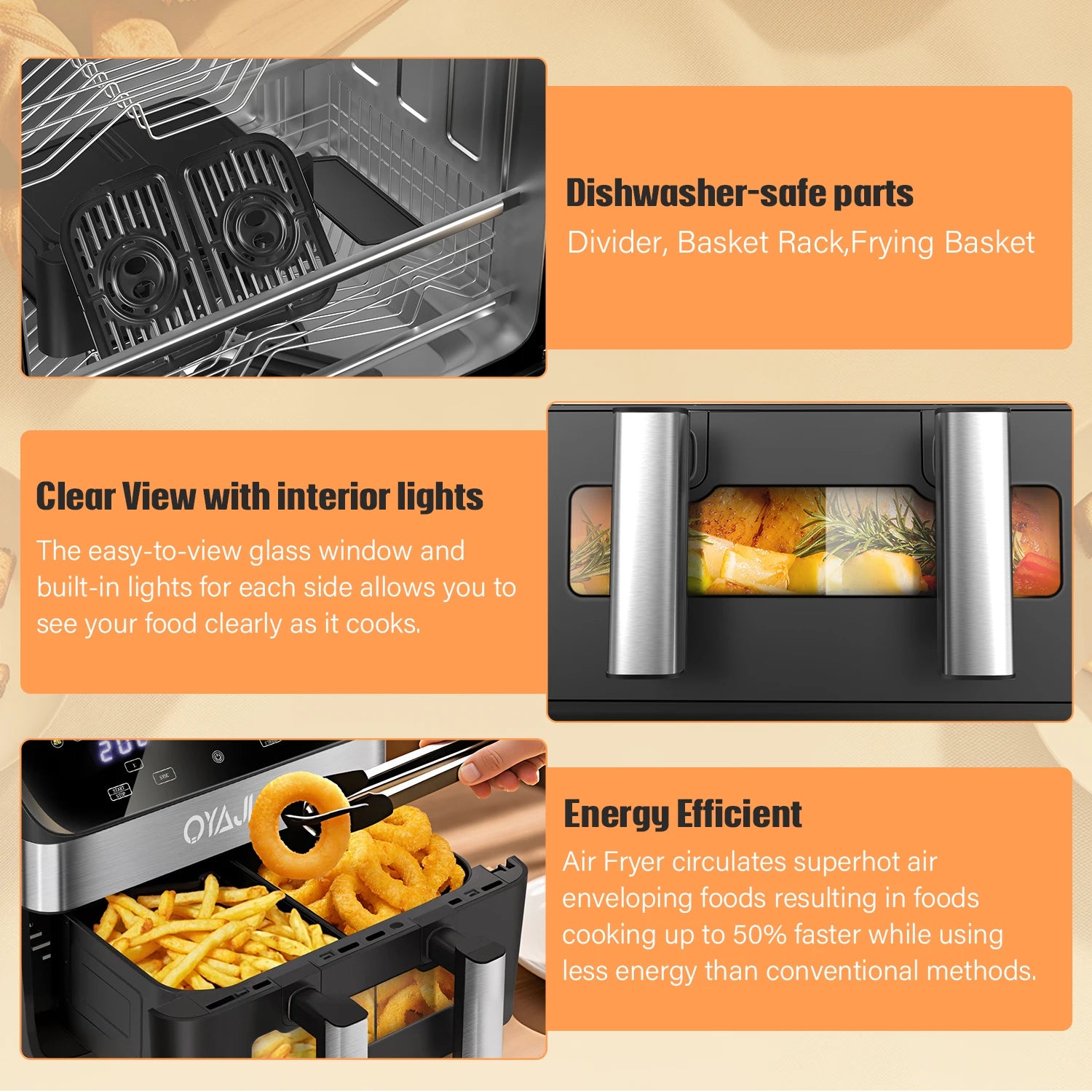 Oya air fryer with features highlighted on an orange background