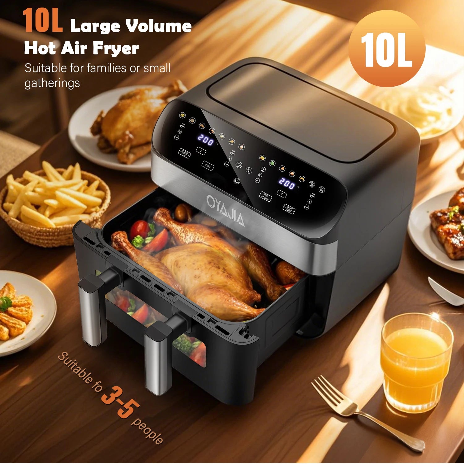 Oyama 10L large volume hot air fryer with roasted chicken on a wooden table.