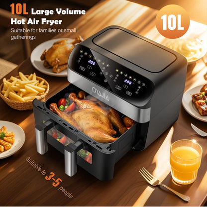 Oyama 10L large volume hot air fryer with roasted chicken on a wooden table.