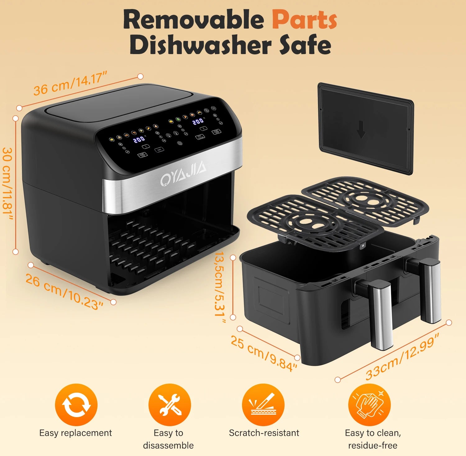 Ouya air fryer with removable parts on a beige background, showing dimensions and features.
