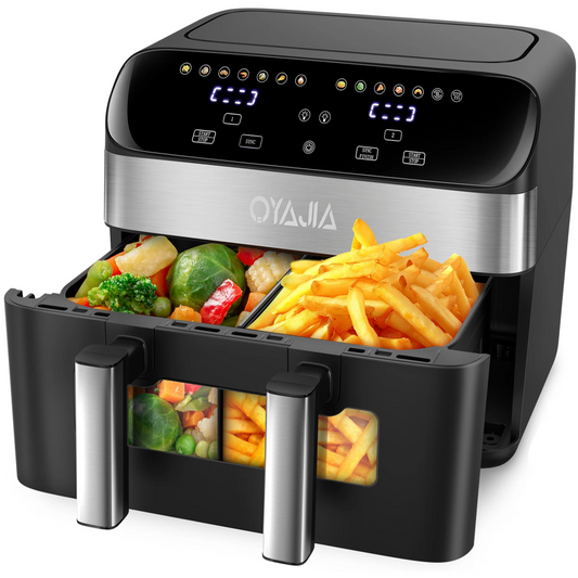 Oyajia air fryer with vegetables and French fries inside on a white background