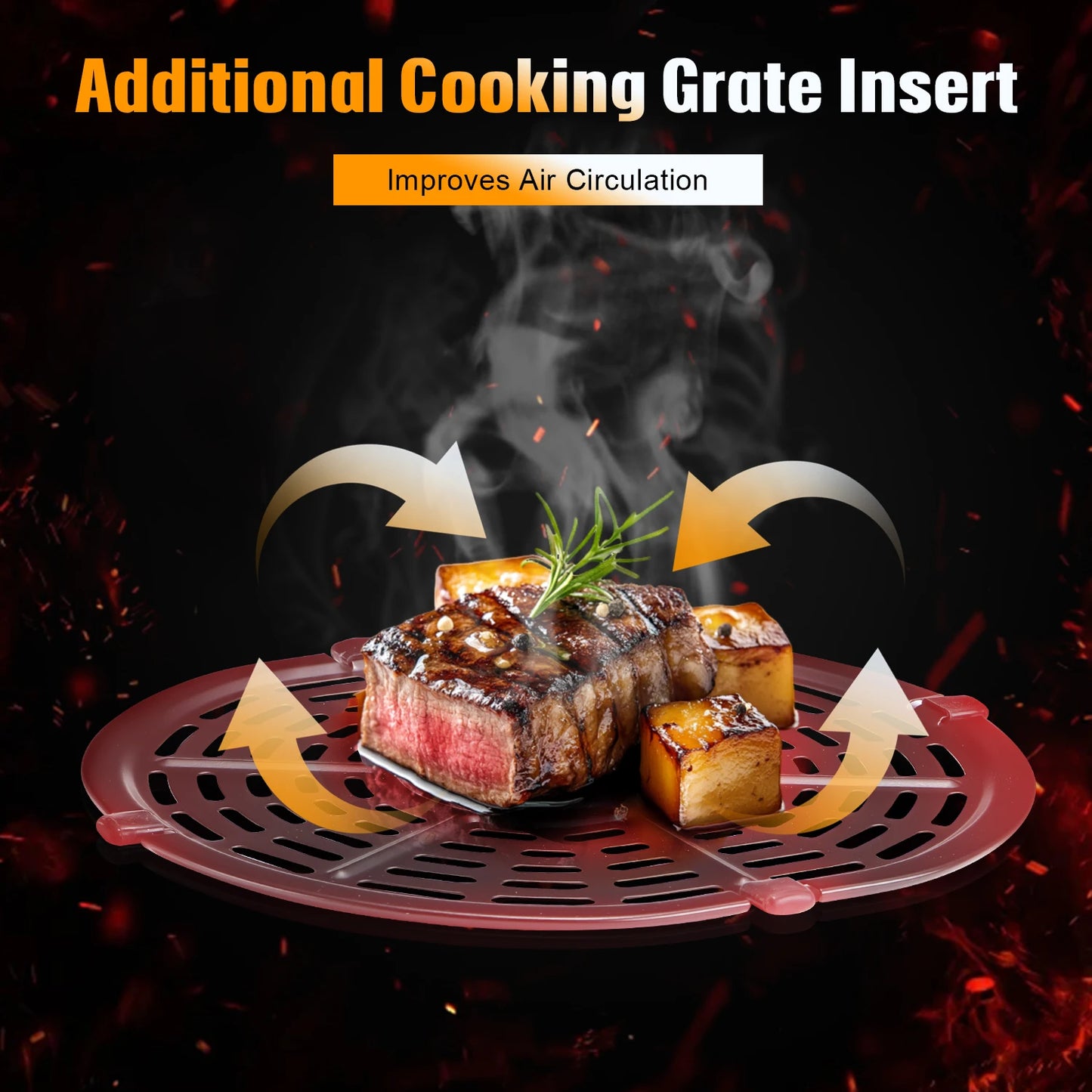 Grill with additional cooking grate insert showing steaks and vegetables with smoke and flames in the background.