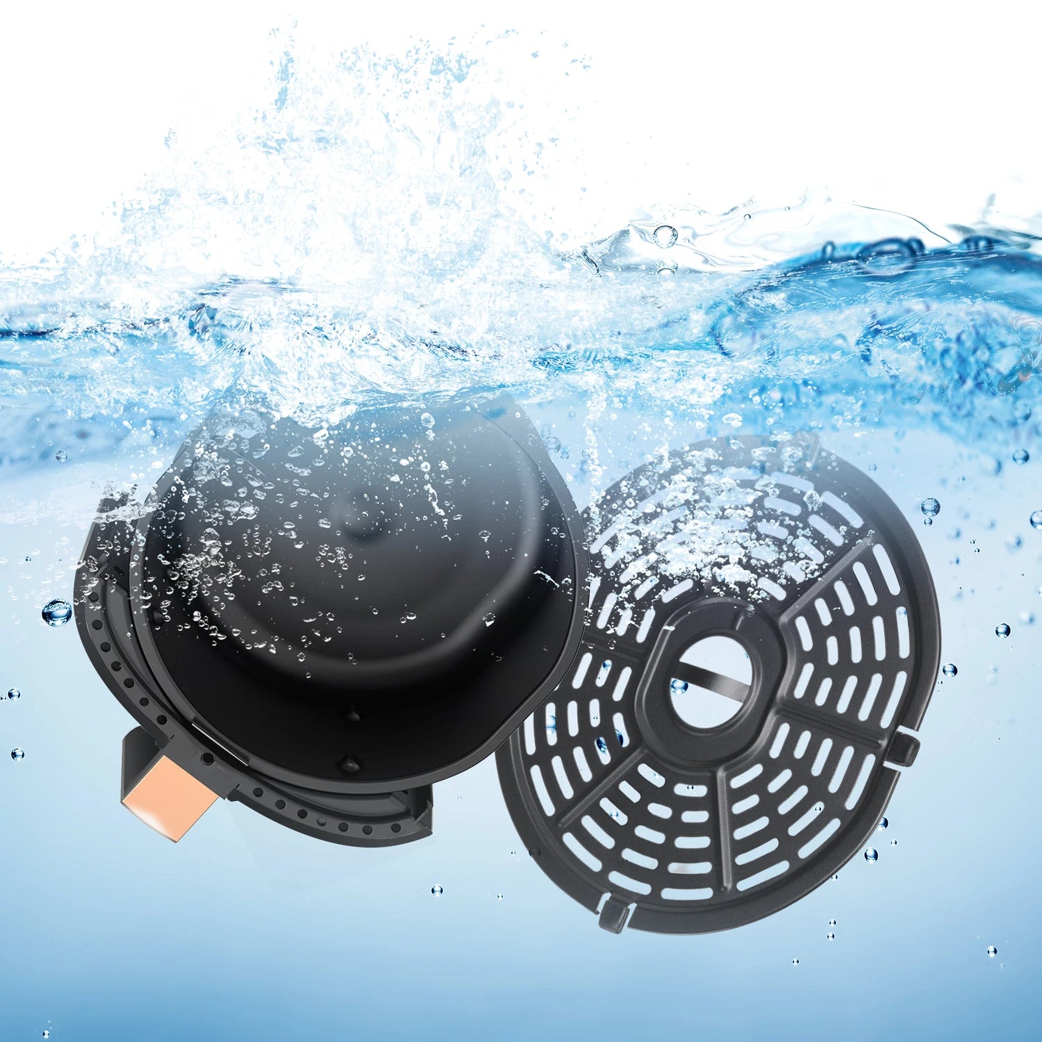 Two black water filter cartridges with water splashes in the background