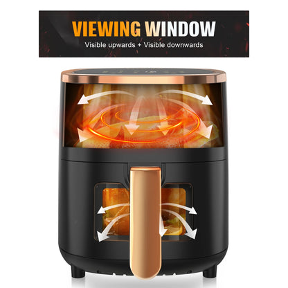 Black air fryer with viewing window showing interior cooking process