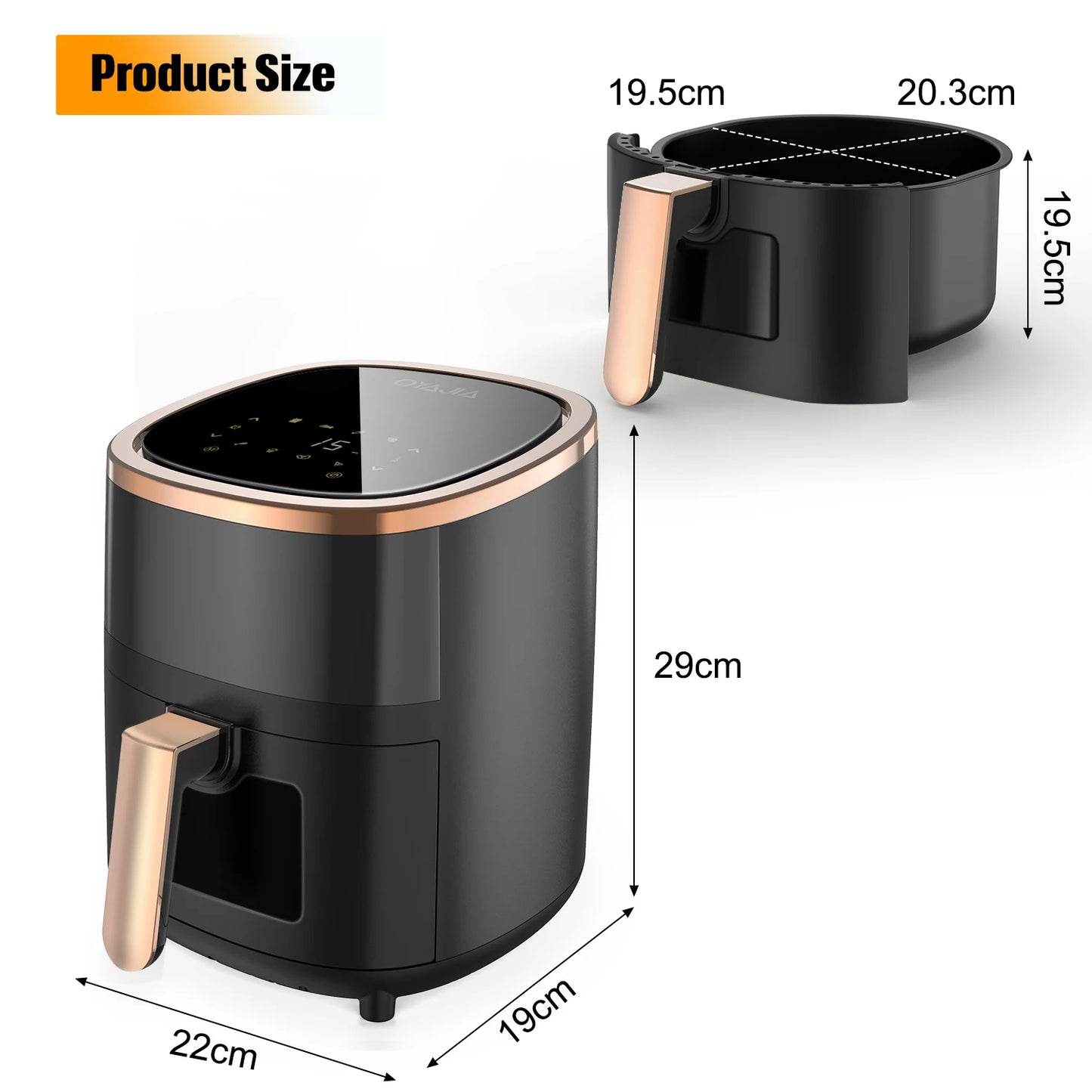 Black air fryer with rose gold accents and dimensions labeled on a white background