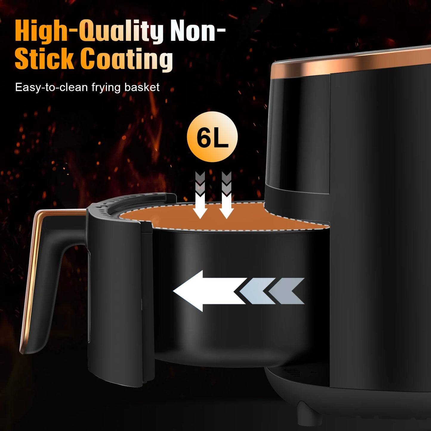Black frying basket with high-quality non-stick coating and 6L capacity on a dark background.