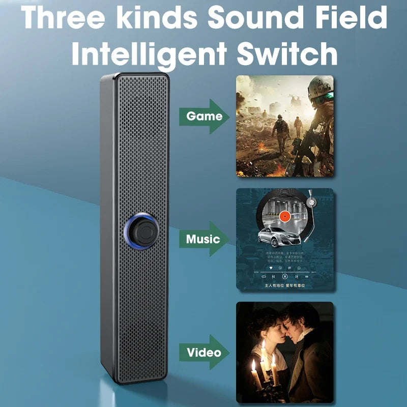 Black PC Soundbar showing suitability for Games, Music and Video