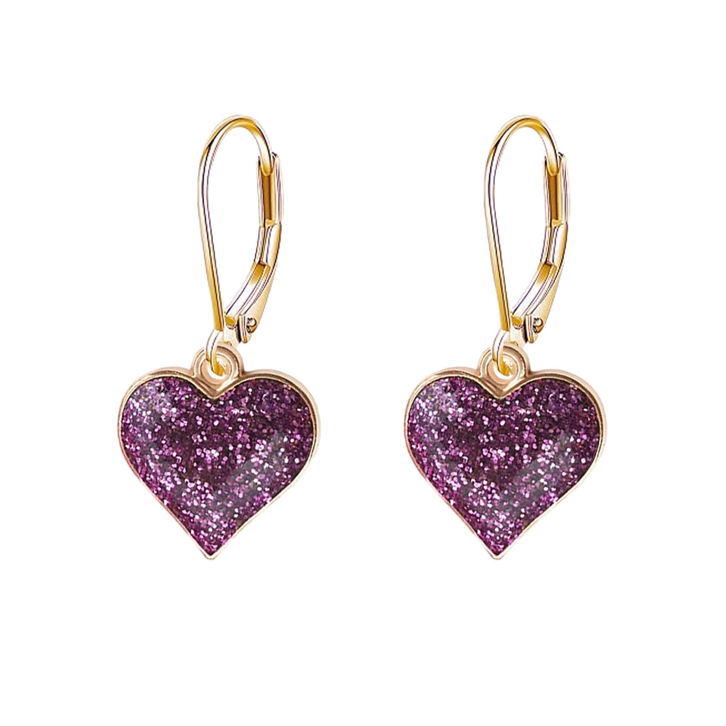 Heart-shaped purple glitter earrings with gold hooks on a white background