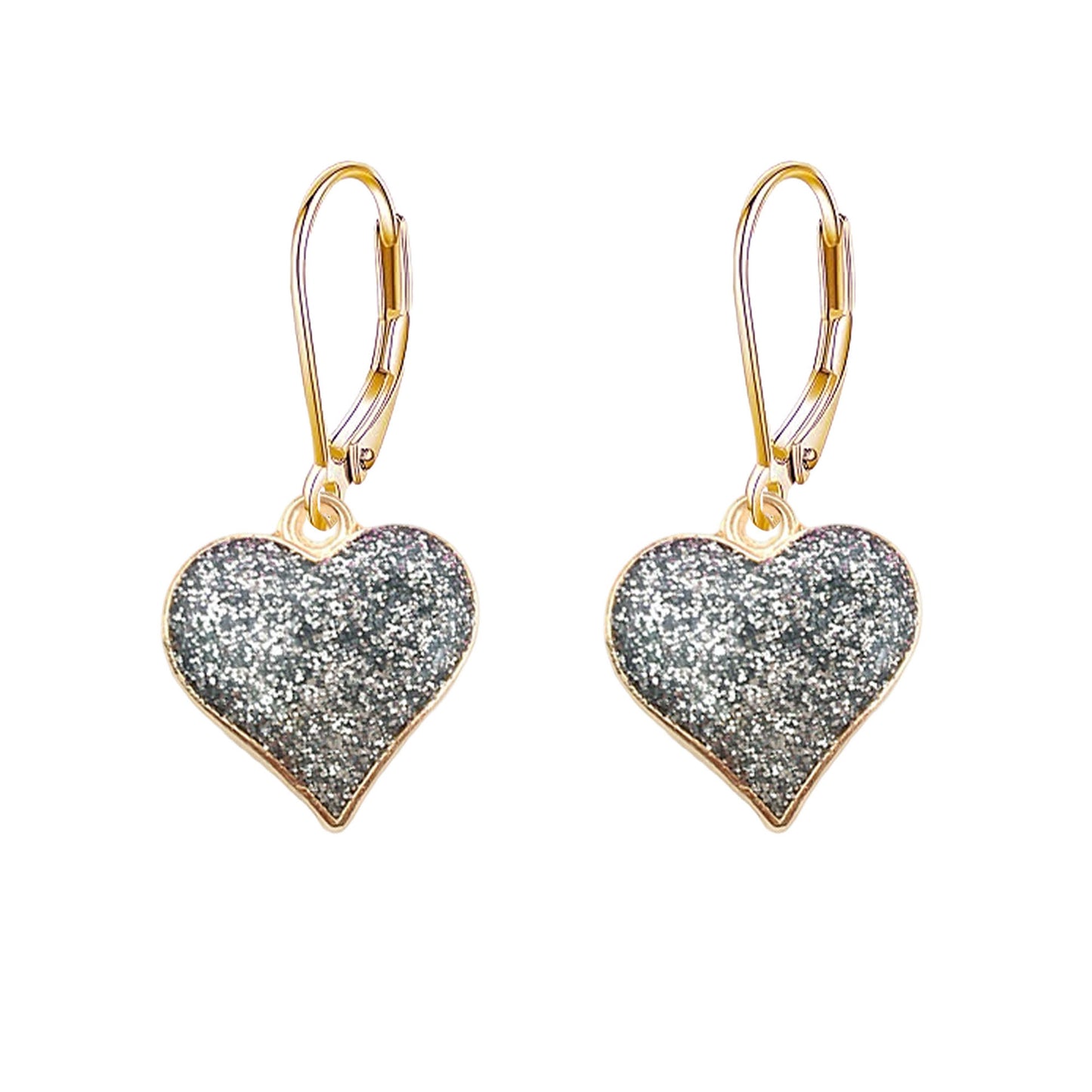 Heart-shaped earrings with glittery gray centers and gold hooks on a white background
